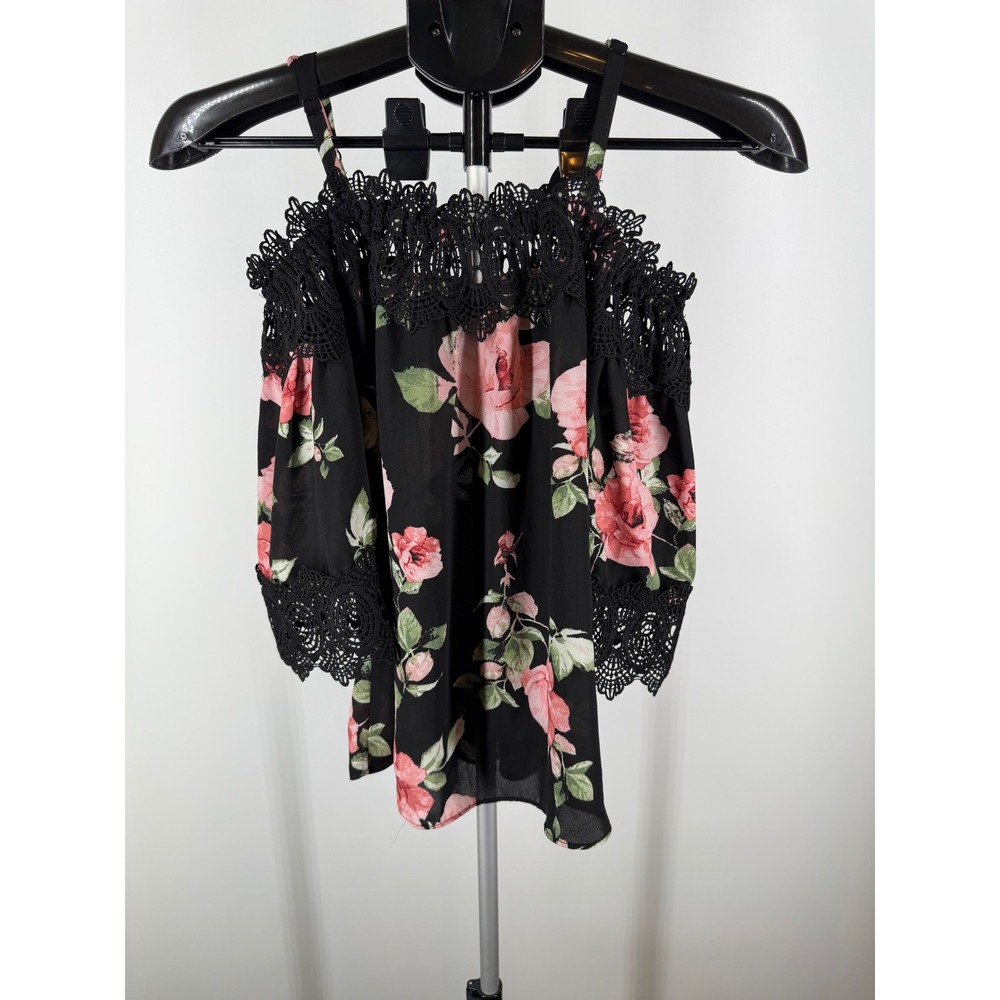 BCX Women Black Floral Cold Shoulder Crochet Lace Trim Blouse Top XS‎